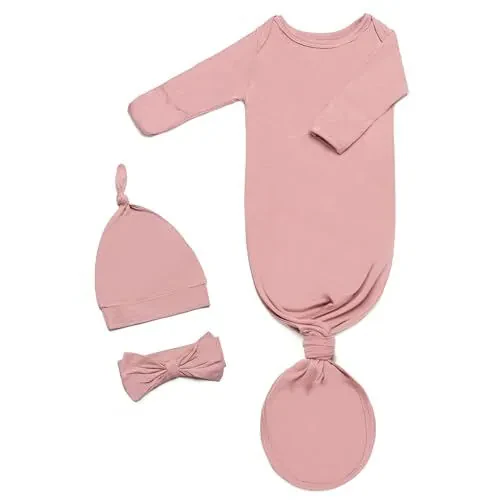 Knotted Gown Baby Newborn Hospital Outfit, Modal Infant Sleeper Gowns with Mittens, Bow and Hat Set, Nightgowns 0-3 Months - 1