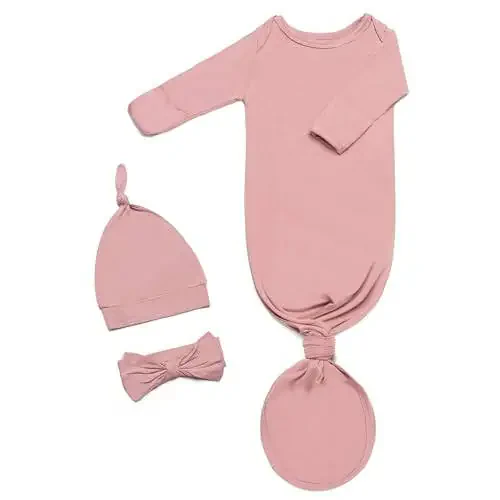 Knotted Gown Baby Newborn Hospital Outfit, Modal Infant Sleeper Gowns with Mittens, Bow and Hat Set, Nightgowns 0-3 Months - 1