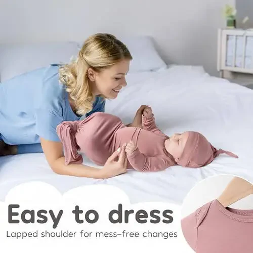 Knotted Gown Baby Newborn Hospital Outfit, Modal Infant Sleeper Gowns with Mittens, Bow and Hat Set, Nightgowns 0-3 Months - 3