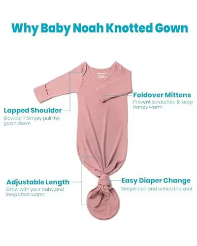 Knotted Gown Baby Newborn Hospital Outfit, Modal Infant Sleeper Gowns with Mittens, Bow and Hat Set, Nightgowns 0-3 Months - 6