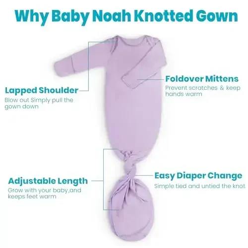 Newborn Baby Knotted Gown, Super Soft Silky Infant Sleeper, Baby Girl Sleep Gown with Mittens, Bow, and Hat Set - 5