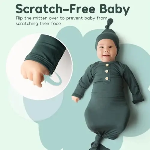 Newborn Baby Knotted Gown, Super Soft Silky Infant Sleeper, Baby Girl Sleep Gown with Mittens, Bow, and Hat Set - 4