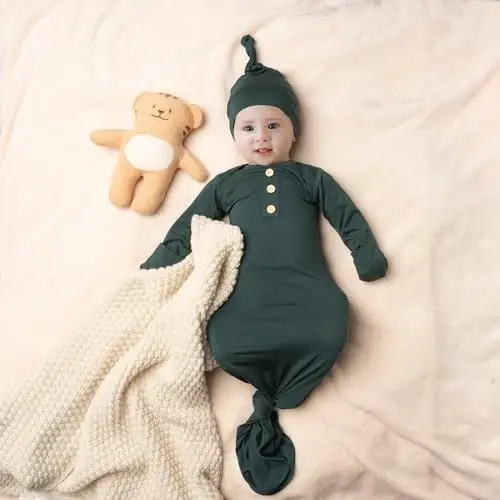 Newborn Baby Knotted Gown, Super Soft Silky Infant Sleeper, Baby Girl Sleep Gown with Mittens, Bow, and Hat Set - 6