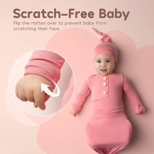 Newborn Baby Knotted Gown, Super Soft Silky Infant Sleeper, Baby Girl Sleep Gown with Mittens, Bow, and Hat Set - 4
