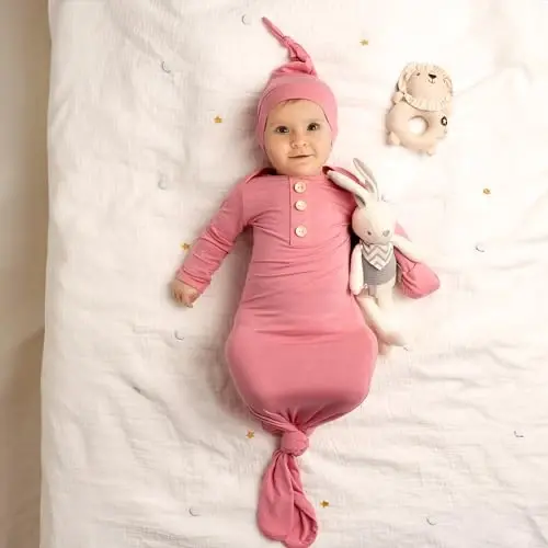 Newborn Baby Knotted Gown, Super Soft Silky Infant Sleeper, Baby Girl Sleep Gown with Mittens, Bow, and Hat Set - 6