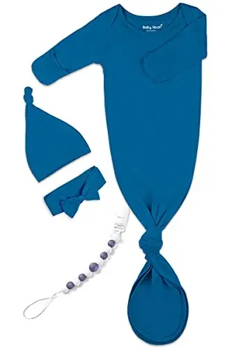 Newborn Baby Knotted Gown, Super Soft Silky Infant Long Sleeve Sleeper with Mittens and Hat & Bowknot Set (Extra Long) - 1