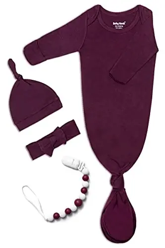 Newborn Baby Knotted Gown, Super Soft Silky Infant Long Sleeve Sleeper with Mittens and Hat & Bowknot Set (Extra Long) - 1