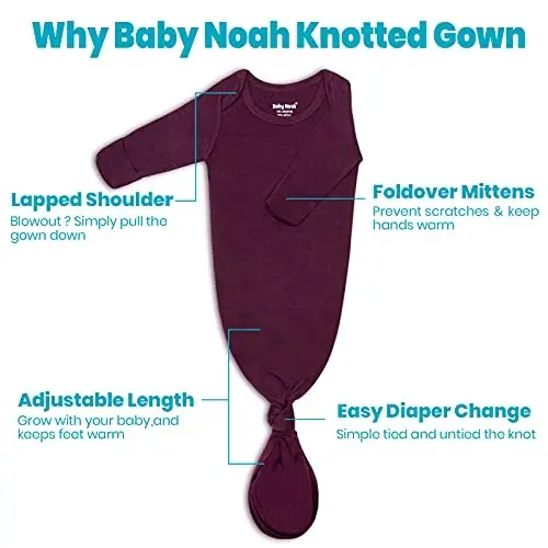 Newborn Baby Knotted Gown, Super Soft Silky Infant Long Sleeve Sleeper with Mittens and Hat & Bowknot Set (Extra Long) - 3