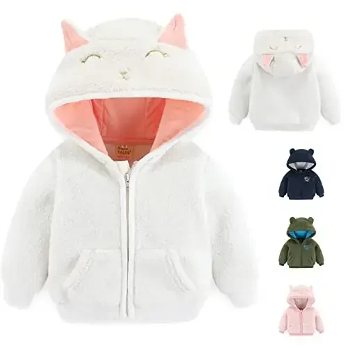 Newborn Infant Baby Boys Girls Cartoon Fleece Hooded Jacket Coat with Ears Warm Todder Kids Outwear Coat Zipper Up 0-6Y - 1