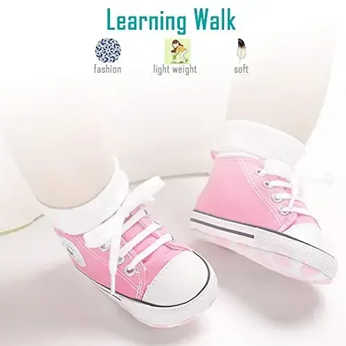 Newborn Baby Girls Boys Canvas Shoes Infant Soft Sole Slip On First Walkers Sneaker Toddler Flat Loafers High Top Crib Denim Unisex Moccasins Shoe - 4
