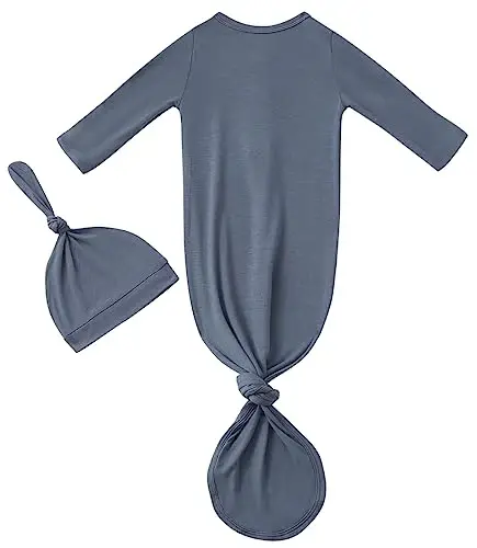 Newborn Baby Boys Girls Knotted Gown Hat Set Soft Bamboo Viscose Infant Sleeper Baby Sleep Gown with Mittens - 2