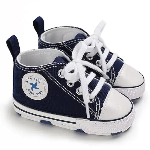 Newborn Baby Girls Boys Canvas Shoes Infant Soft Sole Slip On First Walkers Sneaker Toddler Flat Loafers High Top Crib Denim Unisex Moccasins Shoe - 4
