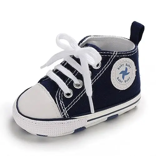 Newborn Baby Girls Boys Canvas Shoes Infant Soft Sole Slip On First Walkers Sneaker Toddler Flat Loafers High Top Crib Denim Unisex Moccasins Shoe - 5