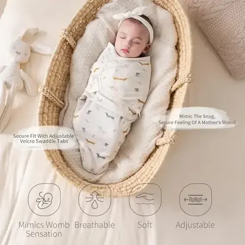 insular Baby Swaddle Wrap, Swaddle Blanket for Newborn and Infant, Adjustable Velcro Swaddling Set for Boy and Girl, Soft Cotton Baby Sleep Sack 3 Pack, Dachshund, Medium(3-6 Month) - 2