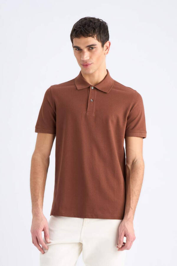 Regular Fit Kısa Kollu Basic Düz Pike Kumaş Polo Tişört-Kahve - 3