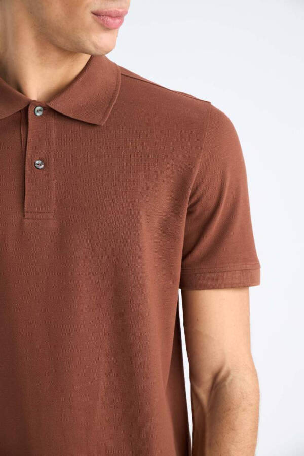 Regular Fit Kısa Kollu Basic Düz Pike Kumaş Polo Tişört-Kahve - 5