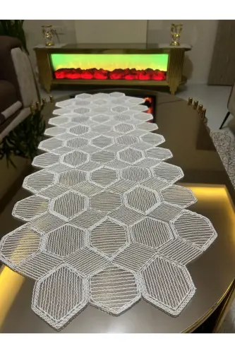 Yeni Lüks Runner Salon Oda Sehpa Masa Örtü Takımı Fransız Güpürlü Çeyizlik Set BEYAZ 5 Parça - BEYAZ - 4