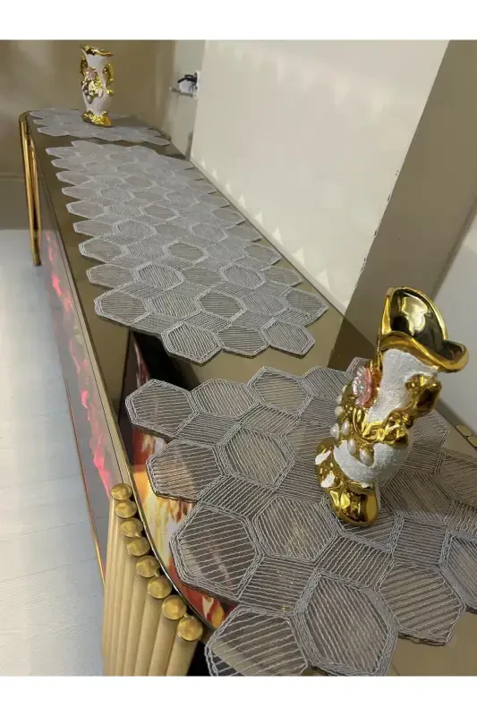 Yeni Lüks Runner Salon Oda Sehpa Masa Örtü Takımı Fransız Güpürlü Çeyizlik Set GRİ 5 Parça-GRİ - 1