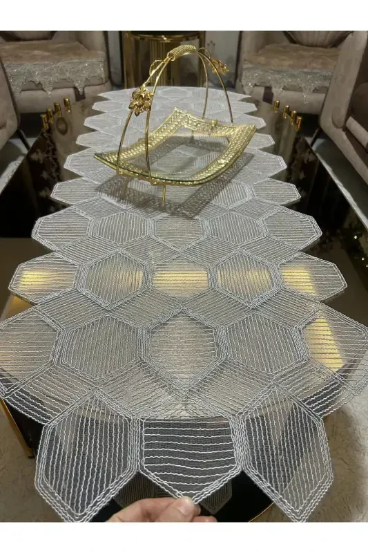 Yeni Lüks Runner Salon Oda Sehpa Masa Örtü Takımı Fransız Güpürlü Çeyizlik Set GRİ 5 Parça-GRİ - 2