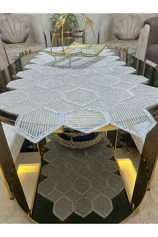 Yeni Lüks Runner Salon Oda Sehpa Masa Örtü Takımı Fransız Güpürlü Çeyizlik Set GRİ 5 Parça-GRİ - 3