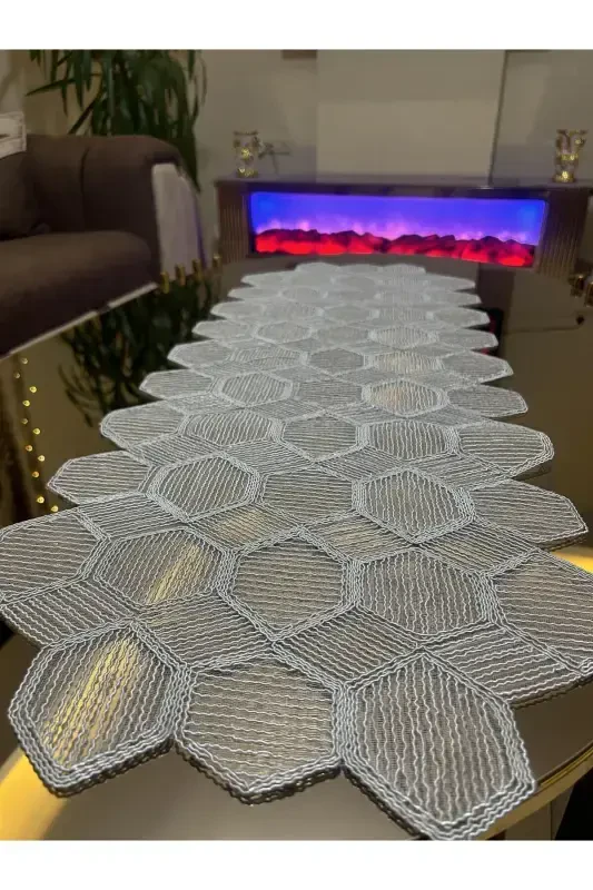 Yeni Lüks Runner Salon Oda Sehpa Masa Örtü Takımı Fransız Güpürlü Çeyizlik Set GRİ 5 Parça-GRİ - 4