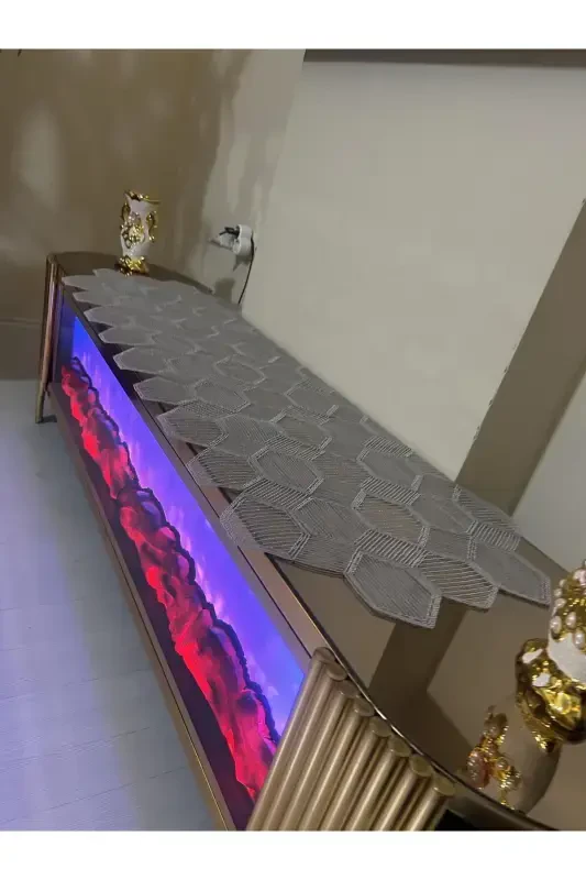 Yeni Lüks Runner Salon Oda Sehpa Masa Örtü Takımı Fransız Güpürlü Çeyizlik Set GRİ 5 Parça-GRİ - 6