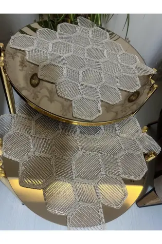 Yeni Lüks Runner Salon Oda Sehpa Masa Örtü Takımı Fransız Güpürlü Çeyizlik Set Kapiçino 5 Parça-KAPİÇİNO - 4