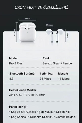 Kılıf Hediyeli Pro 5 Plus Premium A Kalite Bluetooth Sürüm 5.3 Bluetooth Kulaklık-Parlak Beyaz - 3