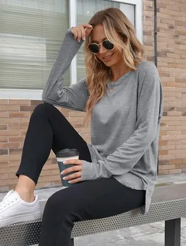 Newchoice Women's Casual Batwing Long Sleeve T Shirt Round Neck Basic Loose Tunic Tops - 5