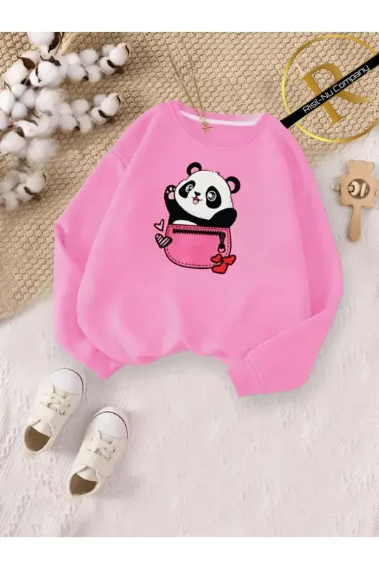 Yeni Sezon 3 İplik İçi Şardonlu Oversize Panda Baskılı Pudra Bebek ve Çocuk Sweatshirt-Yavruağzı - 1