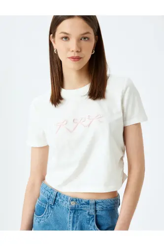 Crop Bisiklet Yaka Kısa Kollu Slim Fit Fiyonklu Tişört - Ekru - 1