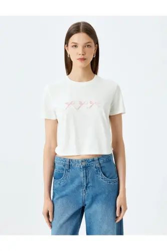 Crop Bisiklet Yaka Kısa Kollu Slim Fit Fiyonklu Tişört - Ekru - 3
