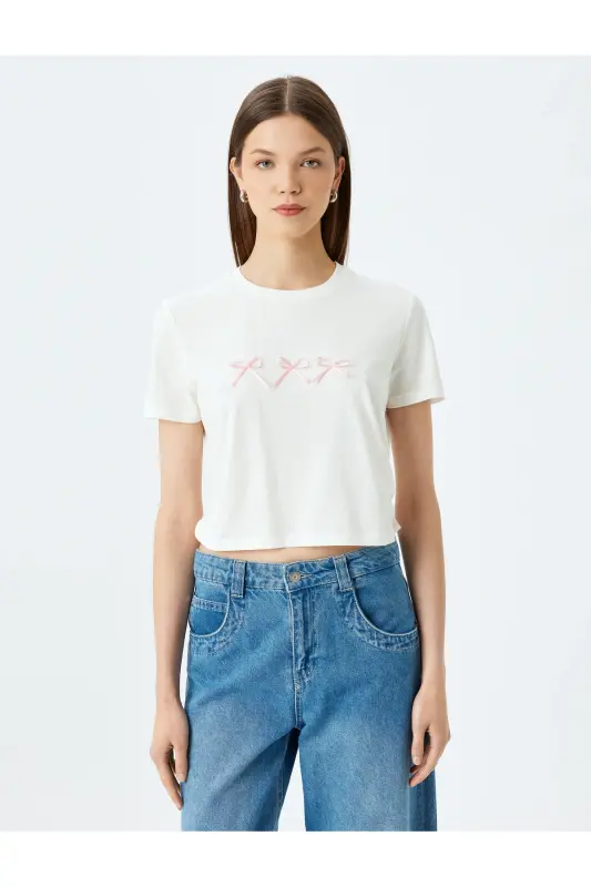 Crop Bisiklet Yaka Kısa Kollu Slim Fit Fiyonklu Tişört - Ekru - 3