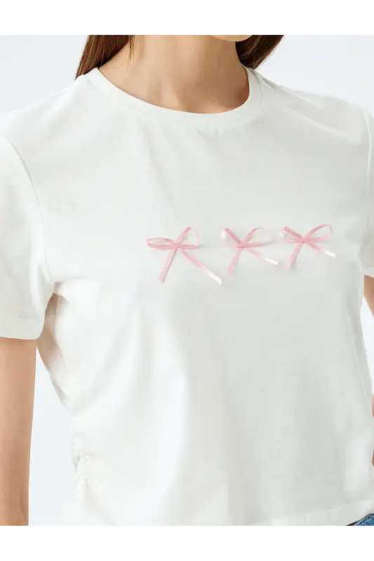 Crop Bisiklet Yaka Kısa Kollu Slim Fit Fiyonklu Tişört - Ekru - 5