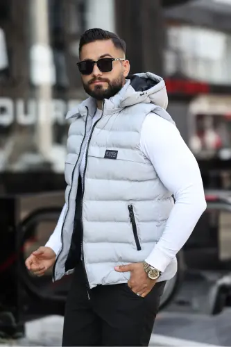 YENİ SEZON ERKEK ÇIKARILABİLİR KAPÜŞONLU ŞİŞME YELEK - GRİ - 1
