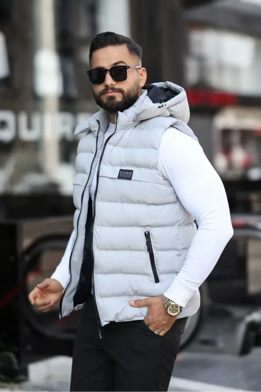 YENİ SEZON ERKEK ÇIKARILABİLİR KAPÜŞONLU ŞİŞME YELEK - GRİ - 1