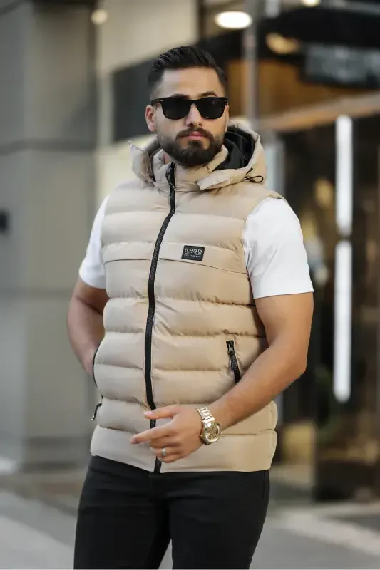YENİ SEZON ERKEK ÇIKARILABİLİR KAPÜŞONLU ŞİŞME YELEK-KOYUKREM - 1