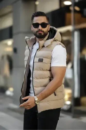 YENİ SEZON ERKEK ÇIKARILABİLİR KAPÜŞONLU ŞİŞME YELEK-KOYUKREM - 2