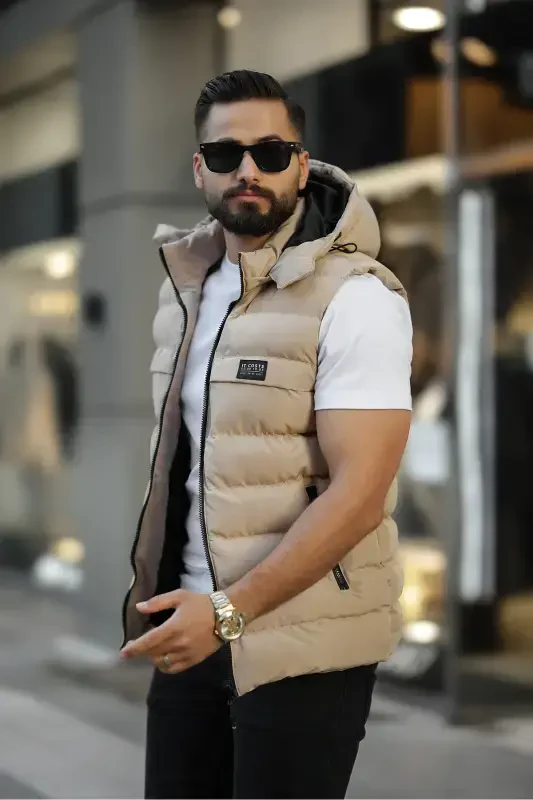 YENİ SEZON ERKEK ÇIKARILABİLİR KAPÜŞONLU ŞİŞME YELEK-KOYUKREM - 2