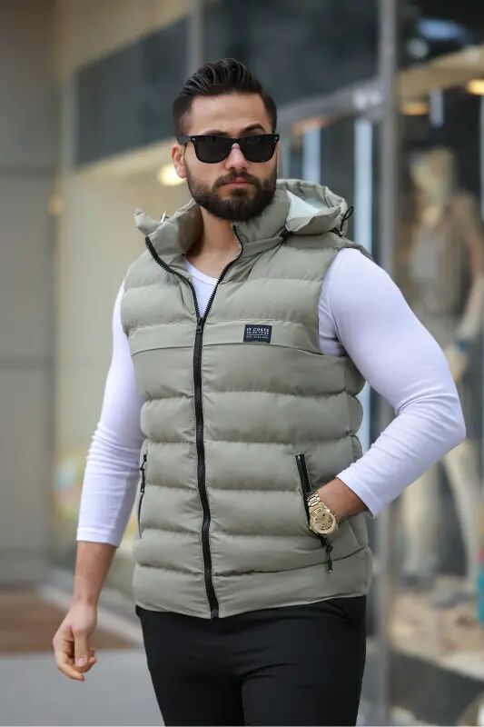 YENİ SEZON ERKEK ÇIKARILABİLİR KAPÜŞONLU ŞİŞME YELEK - Yeşil - S&M CLOTHİNG
