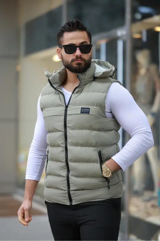 YENİ SEZON ERKEK ÇIKARILABİLİR KAPÜŞONLU ŞİŞME YELEK - Yeşil - 1