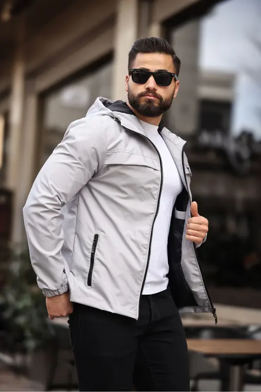 YENİ SEZON ERKEK SU & RÜZGAR GEÇİRMEZ YAĞMURLUK MEVSİMLİK CEKET-GRİ - 3
