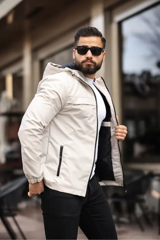 YENİ SEZON ERKEK SU & RÜZGAR GEÇİRMEZ YAĞMURLUK MEVSİMLİK CEKET-KREM - 6