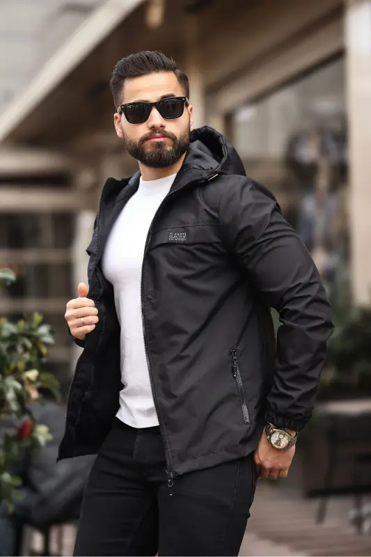 YENİ SEZON ERKEK SU & RÜZGAR GEÇİRMEZ YAĞMURLUK MEVSİMLİK CEKET - SİYAH - 2