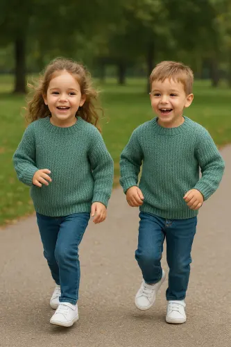 Esnek Bisiklet Yaka Selanik Örgü Unisex Bebek ve Çocuk Kazak-Mint 