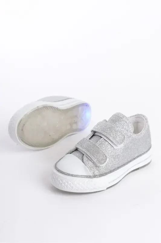 Yeni Sezon Gümüş Simli Cırtlı Kız Çocuk Ayakkabı, Ortopedik Kız Çocuk Günlük Ayakkabı 21-30 Işıklı-Gümüş - 3