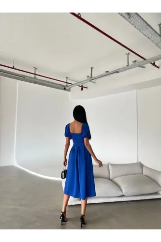 Yeni Sezon Kadın Esnek Dalgıç Kumaş Kare Yaka Balon Kol Tasarım Siyah Midi Abiye Elbise 582613 - SAKS - 9