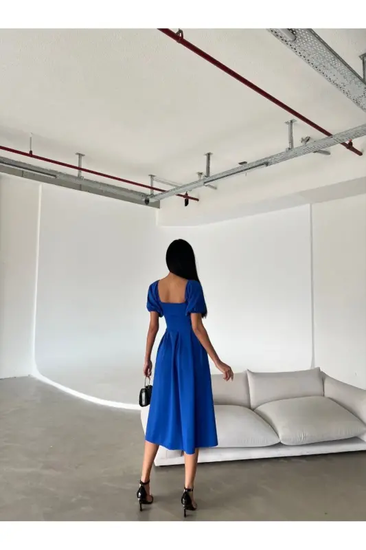 Yeni Sezon Kadın Esnek Dalgıç Kumaş Kare Yaka Balon Kol Tasarım Siyah Midi Abiye Elbise 582613 - SAKS - 4