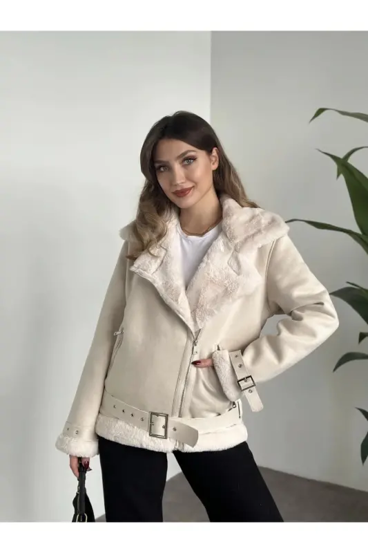 Yeni Sezon Kadın Içi Rapitli Kemer Detaylı Zr Deri Süet Mont - Ekru - 2
