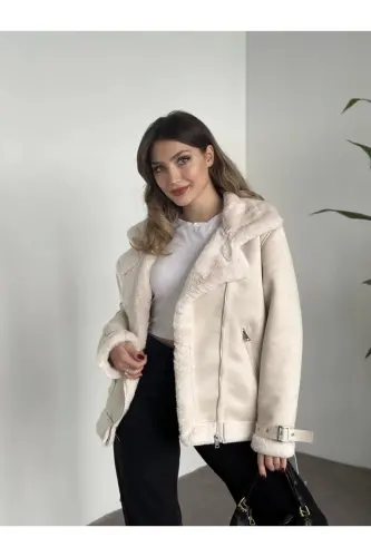 Yeni Sezon Kadın Içi Rapitli Kemer Detaylı Zr Deri Süet Mont-Ekru - 4